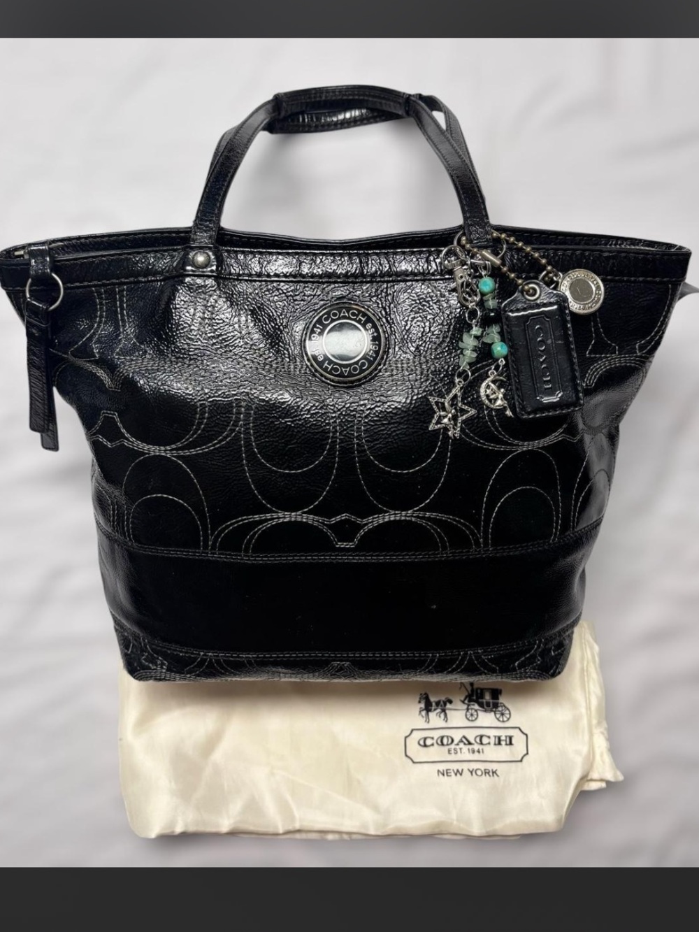 Coach Black Signature Leather Tote with Bag Charms